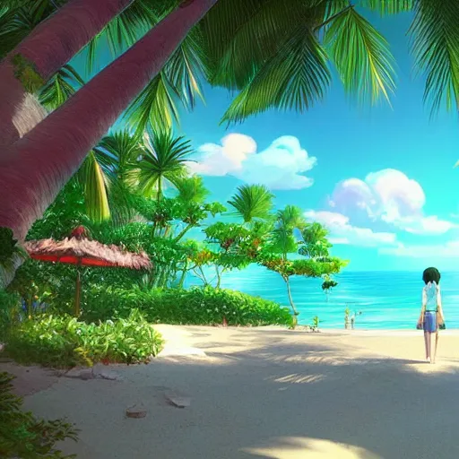 Image similar to a beautiful render of a dreamy tropical anime island paradise by makoto shinkai, pink accents, soft details, graphic art