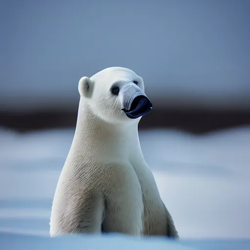 Image similar to hyperrealistic photo of pingu in real life, arctic wildlife photographer's picture, extremely detailed, impressive shading, polar bears in the beakground