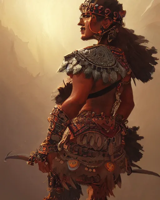 Image similar to an aztec warrior, fantasy, intricate, elegant, highly detailed, digital painting, artstation, concept art, smooth, sharp focus, illustration, edge highlights, beautiful light and shadows, art by krenz cushart and greg rutkowski and sachin teng and sergey kolesov and ruan jia and heng z