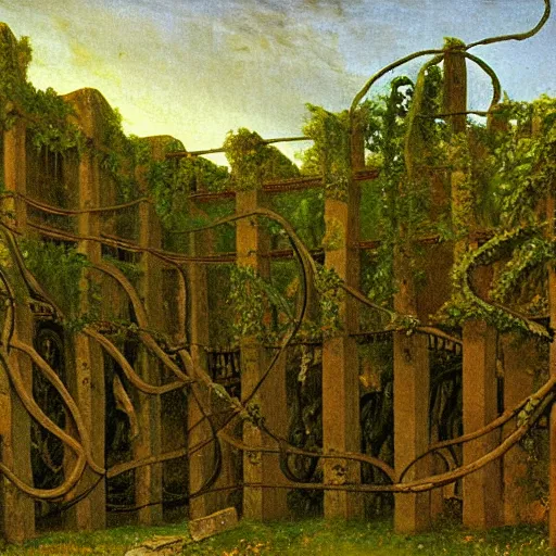 Image similar to a data center surrounded by ancient ruins and covered in vines, Caspar David Friedrich, oil painting