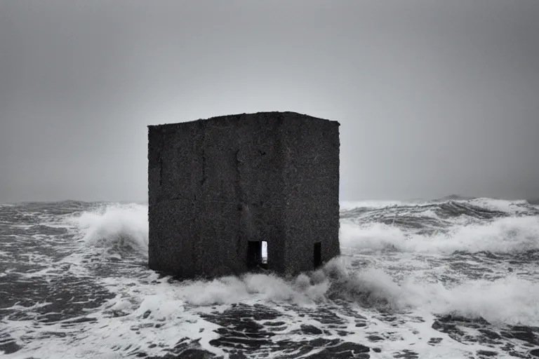 Image similar to high key lighting, ighting storm, danila tkachenko, photograph of an abandoned soviet building block in the middle of the ocean, big waves. dramatic lighting