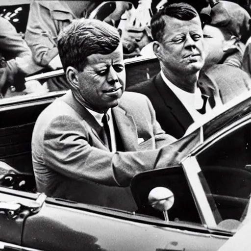 Prompt: realistic photograph of john f. kennedy surviving a sniper shot in his car, 1 9 6 3, pepe the frog among the crowd