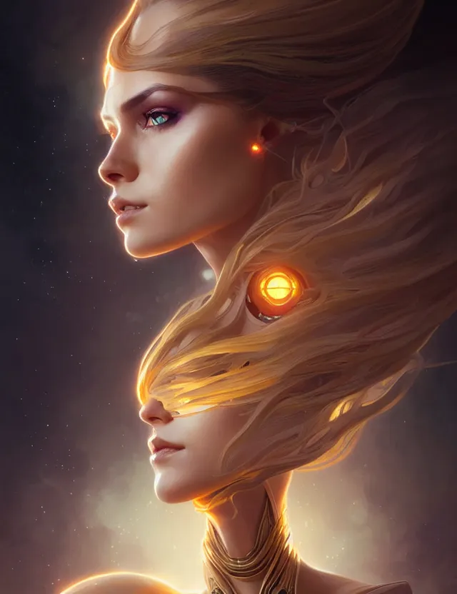 Image similar to futuristic woman portrait, sci-fi, amber eyes, face, long hair, fantasy, intricate, elegant, highly detailed, digital painting, artstation, concept art, smooth, sharp focus, illustration, art by artgerm and greg rutkowski and alphonse mucha