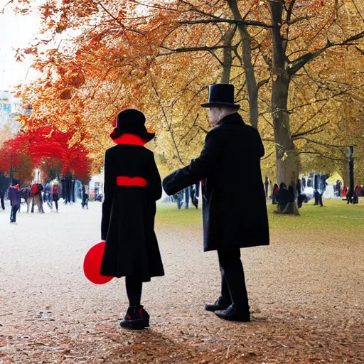 Prompt: A thin man in a black coat and bowler hat talks with small young girl dressed in a red coat and a red hat, park, autumn, Berlin, in style of Henry Matisse , wide angle, high detail, width 768