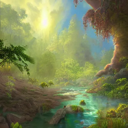 Image similar to beautiful lush natural scene on another planet, with creatures. lightfall. beautiful detailed digital painting. trending on artstation and deviantart.