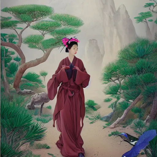 Image similar to beautiful oriental girl walks around Socotra among endemic plants, flowers and snags in a long transparent flowing dress and meets mystical animals, mystical insects, mystical birds, lizards, snakes, gorgeous, Atmosphere, hypnotic dimensions, mythology, Rococo, photorealism, in the style of Jin Kagetsu, James Jean and wlop, Valentin Serov style, Hieronymus Bosch style, Zdzislaw Beksinski style, hyperrealistic, sharp focus, intricate concept art, digital painting, ambient lighting, 4k, hdt, artstation trending on Gsociety, trending on ArtstationHQ, trending on deviantart, professionally post-processed, wide-angle action dynamic portraithyperdetailed, hyper quality, 16K