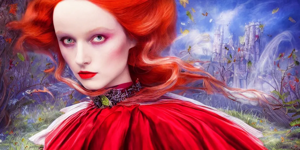 Image similar to The Red Queen, alice in wonderland, Cards, colorful, wide angle, super highly detailed, professional digital painting, artstation, concept art, smooth, sharp focus, no blur, no dof, extreme illustration, Unreal Engine 5, Photorealism, HD quality, 8k resolution, cinema 4d, 3D, beautiful, cinematic, art by artgerm and greg rutkowski and alphonse mucha and loish and WLOP