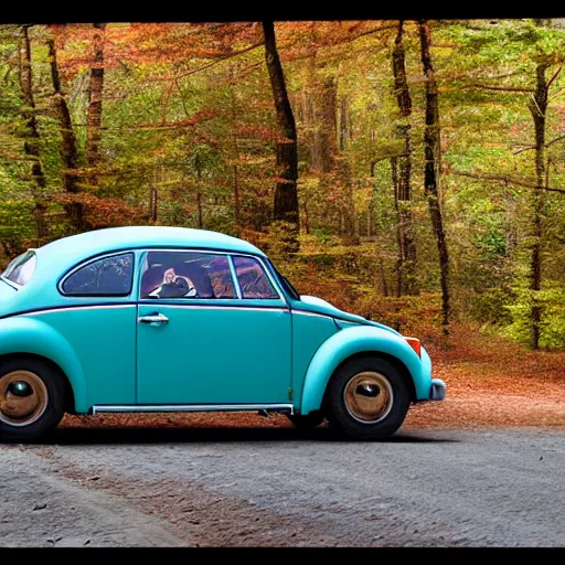 Image similar to promotional scifi - mystery movie scene of a big ladybug ( volkswagen beatle ) hybrid that's more ladybug, racing down a dusty back - road in smokey mountains tennessee. cinematic, 4 k, imax, 7 0 mm, teal autochrome, hdr