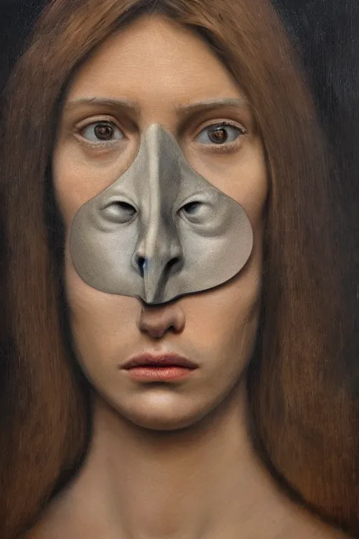 Image similar to hyperrealism oil painting, close - up portrait of face hiding in stingray medieval fashion model, knight, artwork by ken currie