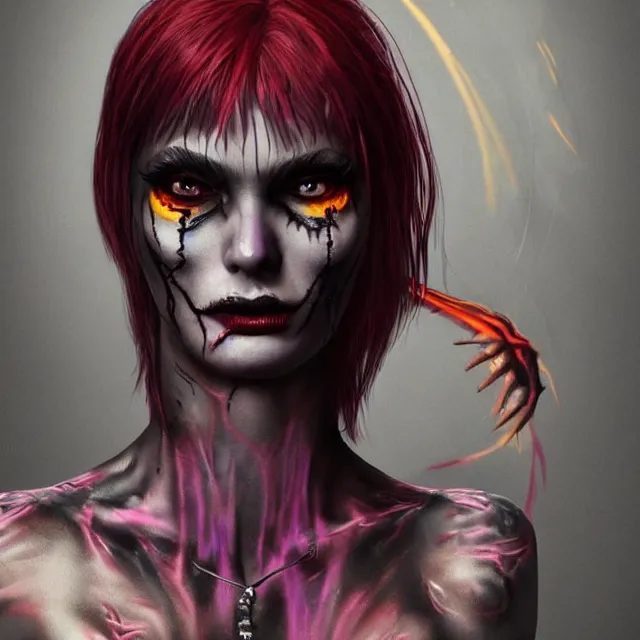 Image similar to a 3 / 4 view of a female raver / punk possessed by a fire dragon in the style of leonard boyarsky trending on artstation deviantart pinterest hyper detailed photorealistic highlights and shadow hd 8 k post - processing high resolution