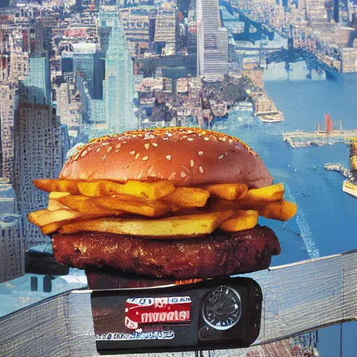 Prompt: giant delicious burger and fries splashes into New York city river, mind-bending digital art, macro photography 25mm, hollywood movie cinematic helicopter view