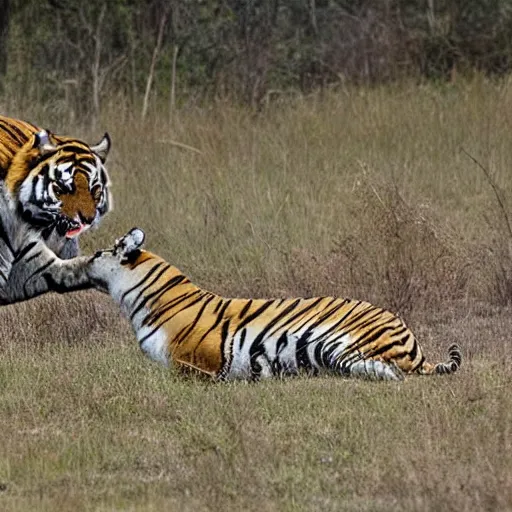 Prompt: a tiger catching a deer