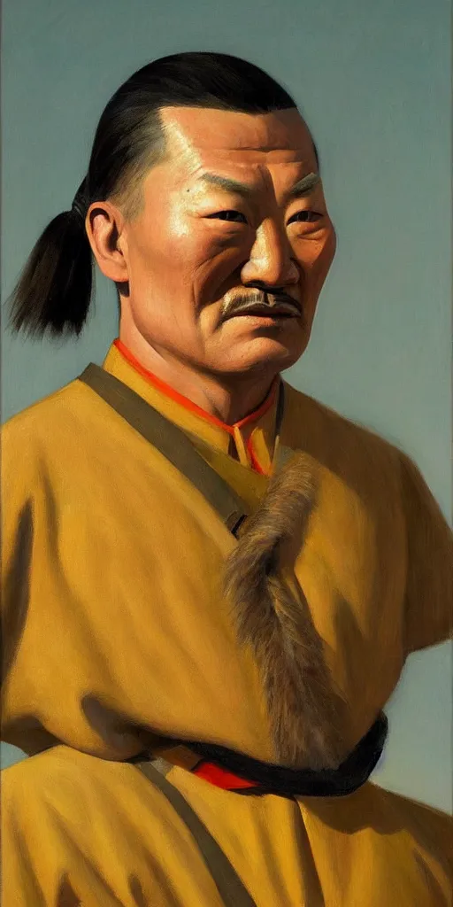 Image similar to a stunning and noble highly detailed portrait of genghis khan by edward hopper, trending on artstation, oil painting masterpiece, symmetry, mysterious, very very very aesthetic