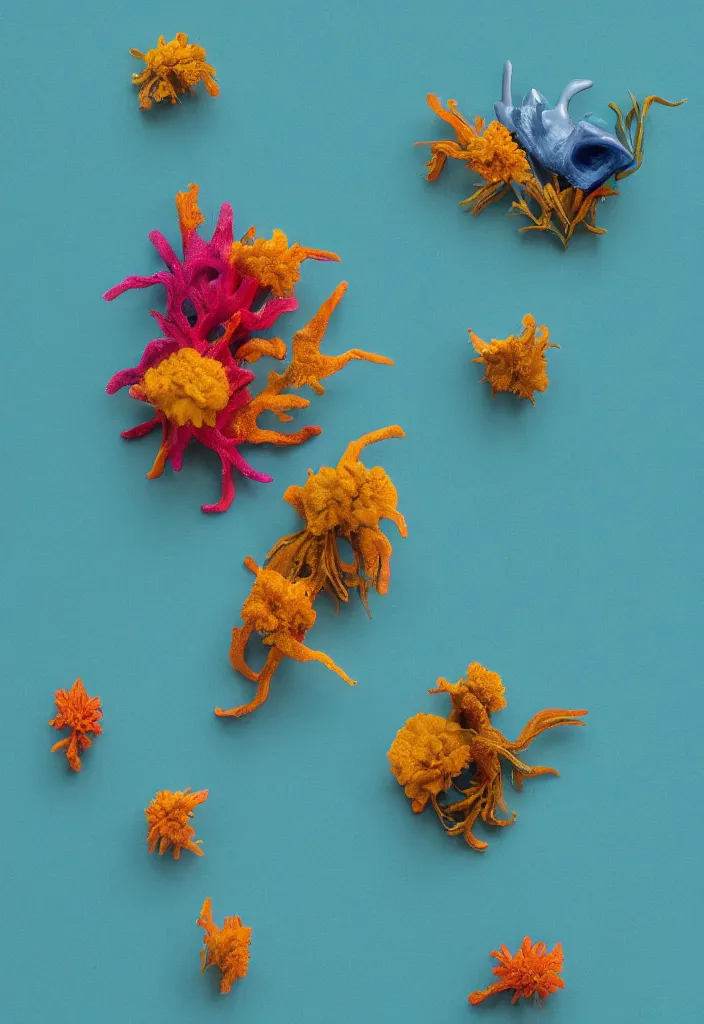 Prompt: vibrant complementary colors. a minimal sculpture of a Nudibranch made out of nudibranch by antonio canova. dried wild flowers and tropical sea slugs. jeremy geddes. complementary color scheme, rendered in octane, smooth gradients