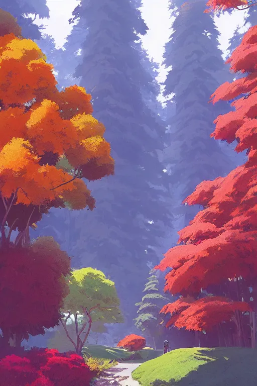 Image similar to Sequoia Park in a colorful moutain with beautiful trees ,morning , by studio ghibli painting, superior quality, masterpiece, traditional Japanese colors, by Grzegorz Rutkowski, concept art