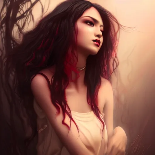 Prompt: beautiful vamipire, black flowing hair, red tattered dress, realistic character concept, beautiful girl, identical eyes, gazing eyes, beautiful eyes, medium shot, elegant pose, fantasy, illustration, slender symmetrical face and body, artstation, cinematic lighting, hyperdetailed, cgsociety, 8k, high resolution, Charlie Bowater, Tom Bagshaw, single face, insanely detailed and intricate, beautiful, elegant, golden ratio, dark fractal background, vfx, postprocessing, alluring, looking at you, angry eyes, etheral, glowing, magic