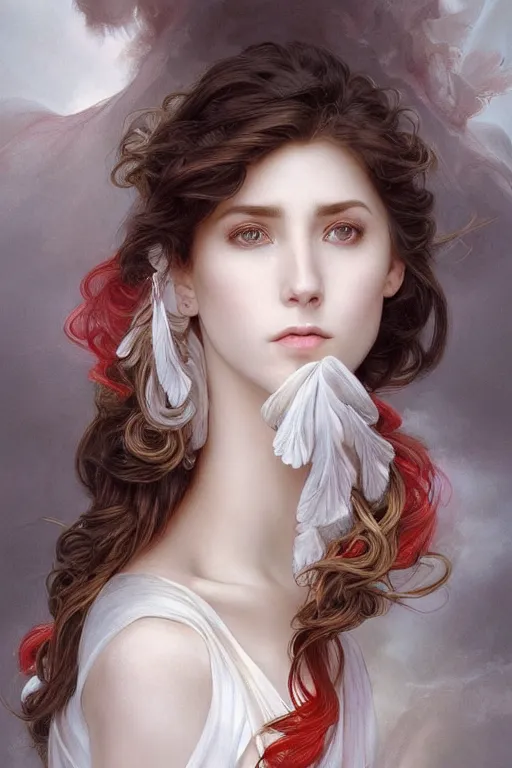 Image similar to portrait of white ghost, dark fantasy, gradient white red grey, dreamy and ethereal, brown eyes, golden ratio, peaceful expression, ornate frilly dress, fantasy, intricate, elegant, clouds and wind, highly detailed, digital painting, artstation, concept art, smooth, b sharp focus, illustration, art by artgerm and greg rutkowski and alphonse mucha