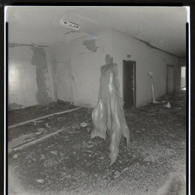 Image similar to found polaroid photo, flash, interior abandoned hospital, mutant creature standing