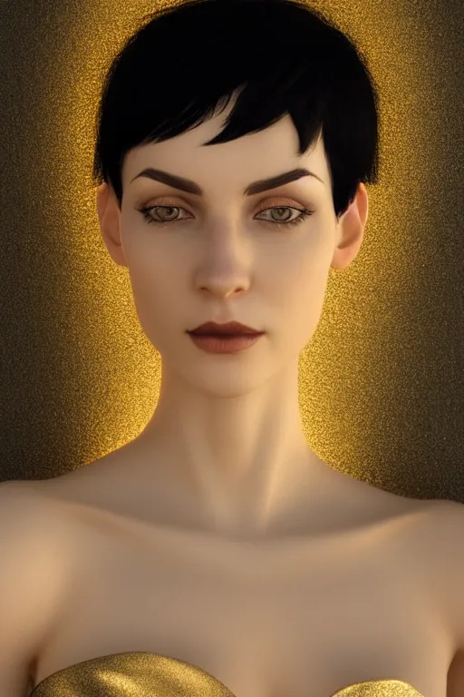 Image similar to Portrait of a beautiful pale skin Nordic female with short black hair, elegant, photorealistic, highly detailed, artstation, smooth, sharp focus, gold ornaments, neon lighting, sci-fi, art by Klimt.