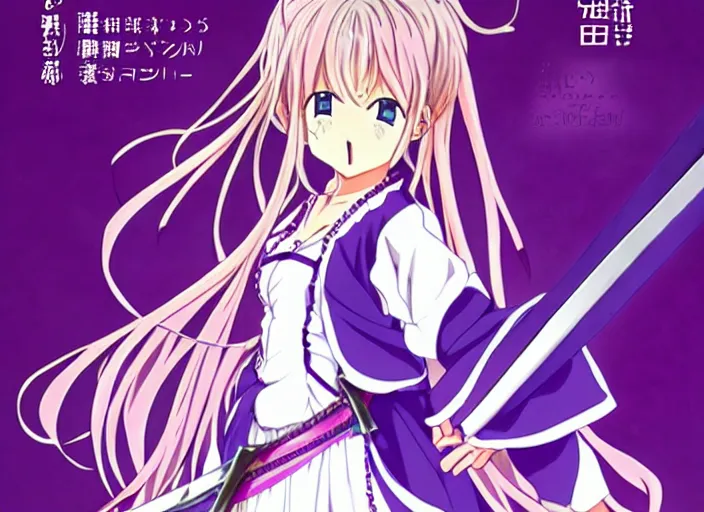 Image similar to An anime character holding a sword and wearing a purple dress. kadokawa light novel cover