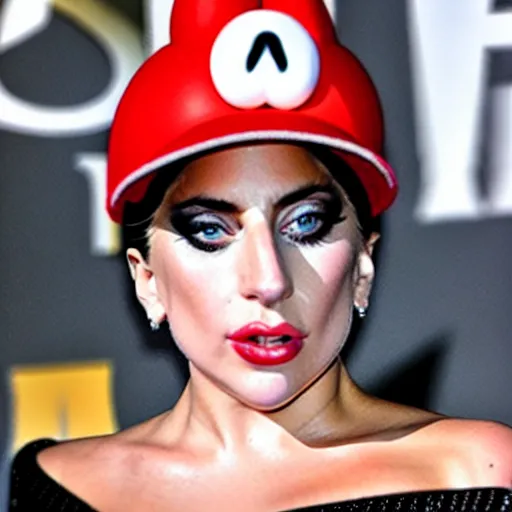 Image similar to lady gaga wearing a super mario hat