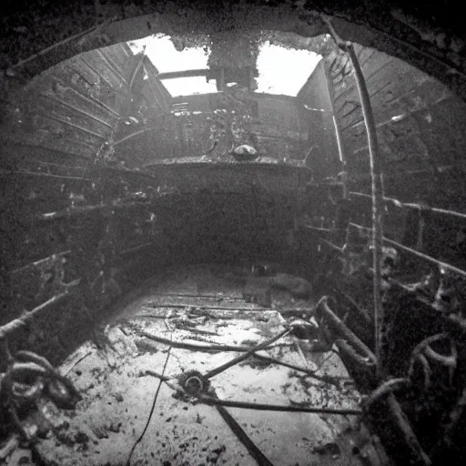 Image similar to the interior of a flooded rusty shipwreck, dark, scary lighting, scary, creepy, eerie, horror, submechanophobia, murky water, underwater photograph,