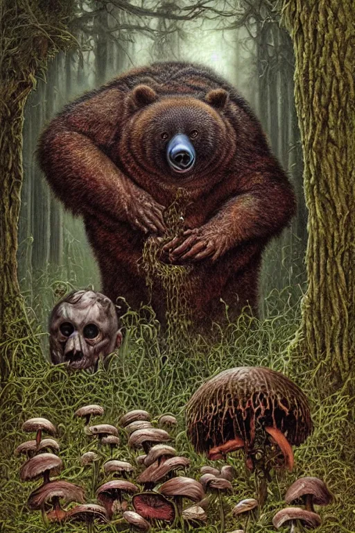 Prompt: a creepy, slimy swamp bear eating mushrooms that are growing out of its body. art by tomasz alen kopera and glenn fabry.