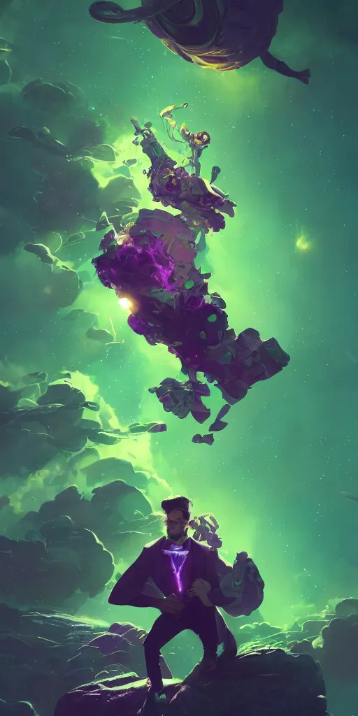 Image similar to a young male wizard with a salvador dali moustache in space, green and purple colors, volumetric lighting, greg rutkowski, artstation, 8k