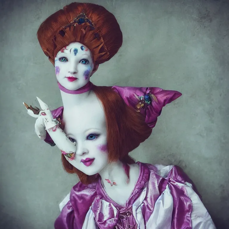 Image similar to “portrait of Hisoka Morow porcelain doll like jester as a medieval jester, studio lighting hyperreal photograph royal painting cheerful!!!”