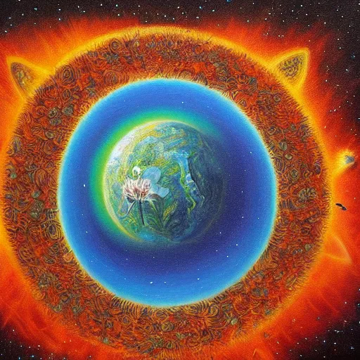 Prompt: a surreal detailed painting of a flower in the center of a picture near planet earth, an airbrush painting by david a. hardy, deviantart, metaphysical painting, airbrush art, chalk art, fractalism