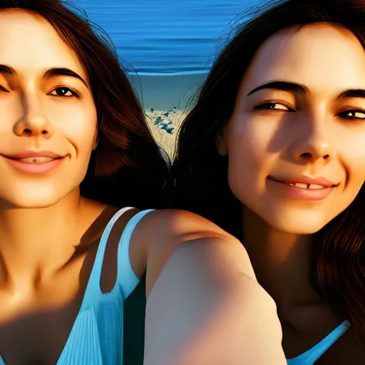 Image similar to beautiful serene intricate portrait of identical twin women, taking a selfie, smiling softly, relaxing on the beach, wearing casual clothes golden hour, soft focus, 8 k, art by irakli nadar, hyperrealism, hyperdetailed, ultra realistic