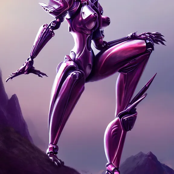 Prompt: extremely detailed giantess shot of a goddess that's a giant beautiful stunning anthropomorphic robot female dragon, standing majestically on a mountain, elegant pose, robot dragon claws, streamlined shiny silver metal armor, fuchsia skin below the armor, sharp metal claws, long elegant tail, detailed warframe fanart, destiny fanart, high quality digital art, giantess art, furry art, warframe art, furaffinity, DeviantArt, artstation, 8k HD, octane render