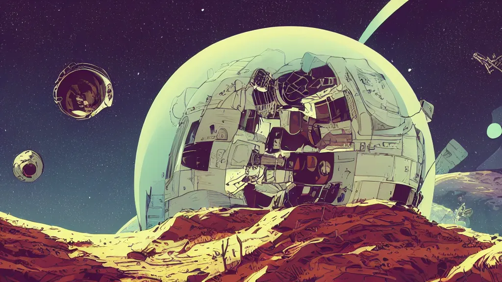Prompt: very detailed, prophet graphic novel, ilya kuvshinov, mcbess, rutkowski, simon roy, illustration of a space junk floating in space around a dead planet, wide shot, colorful, deep shadows, astrophotography