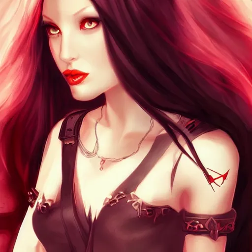 Prompt: princess of darkness, style of artgerm comic, piercing eyes, long glowing red hair, waterhouse, character art, matte