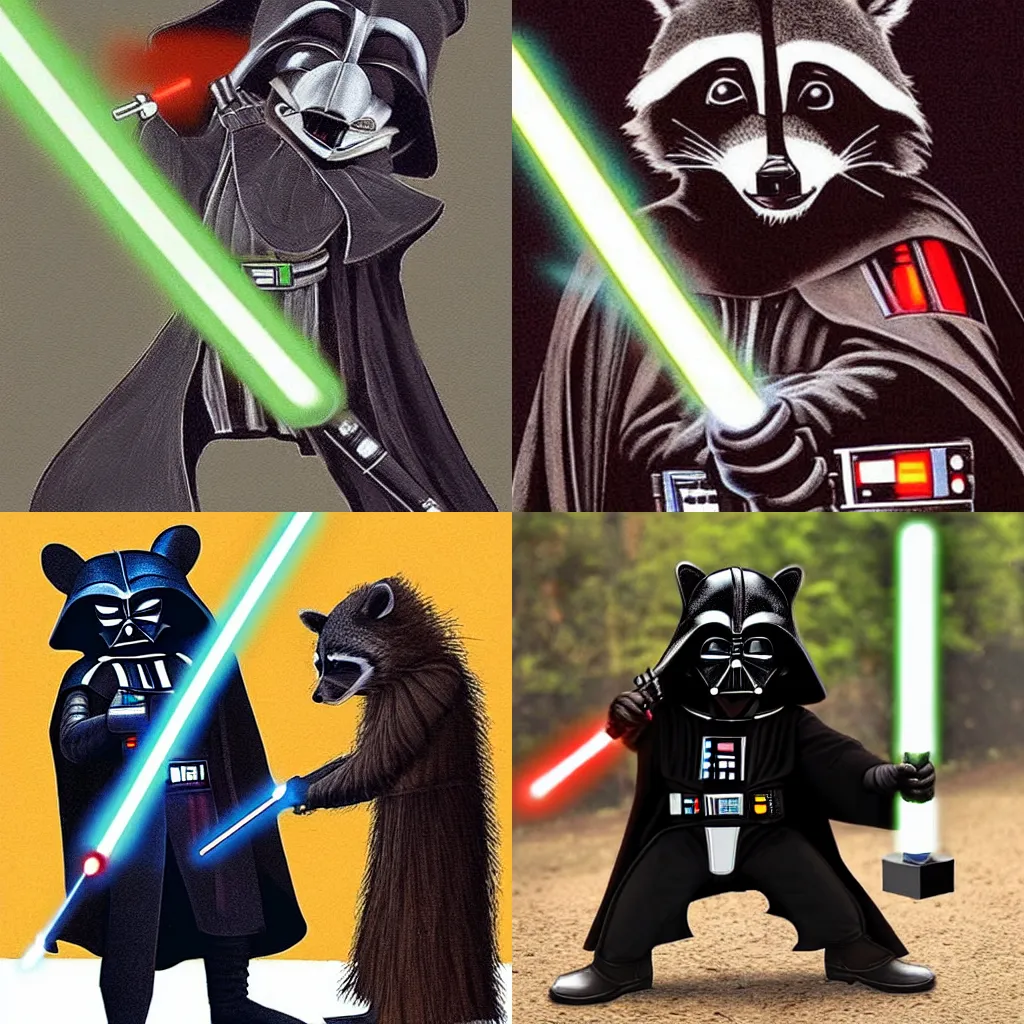 Prompt: a raccoon with a lightsaber fighting darth vader