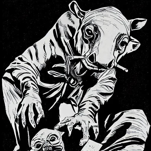 Image similar to A devious tapir. Dark Fantasy, Film Noir, Black and White. High Contrast, Mike Mignola, D&D, OSR