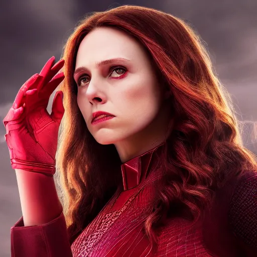 Prompt: high resolution photo of scarlet witch with a menacing look, 4 k, award winning photography.