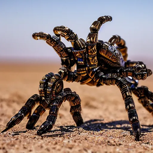 Prompt: intricate mechanical clockwork scorpion in the desert