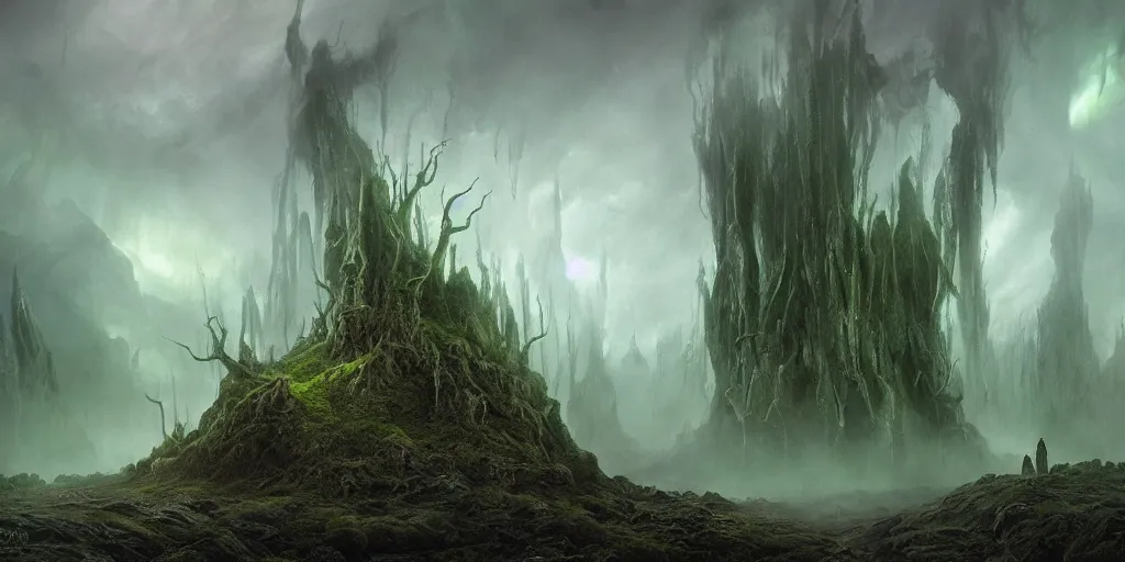 Image similar to evil eldritch lovecraftian scenery landscape, lord of the rings, aurora borealis, mist, monoliths, tentacles, fungal growths, moss highly detailed, bleak color, perfect lighting, perfect composition, 8 k, brian froud, artgerm, derek zabrocki, greg rutkowski