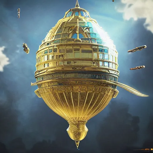 Image similar to enormous flying city in a faberge egg, sky, steampunk, fantasy art, octane render