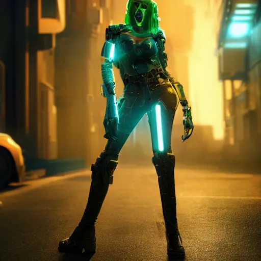 Image similar to beautiful female cyborg wearing cowboy hat walking in art deco cyberpunk alley, brilliant long green hair, glowing golden eyes, wearing long trench coat, bright silver revolvers in holsters, dynamic dramatic golden moody lighting, volumetric lighting, shadows,cinematic atmosphere,Artstation, hyperrealistic 3D digital art,Octane render,8K 4K UHD image