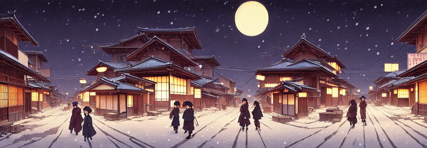 Image similar to empty rural japanese town at night, winter, in the style of studio ghibli, j. c. leyendecker, greg rutkowski, artem