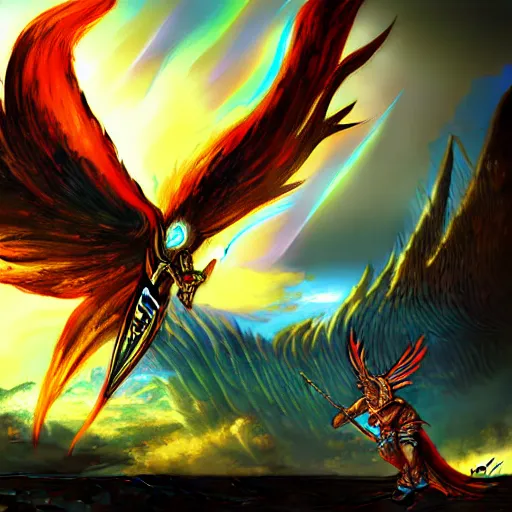 Image similar to guild wars 2, Phoenix, god rays, digital art, high detail by Akira toriyama