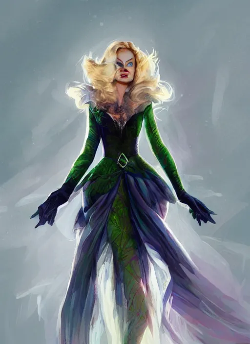 Prompt: beautiful female wicked witch, margot robbie as the wicked witch of the west, full body character concept, armor, super powers, fantasy, intricate, elegant, highly detailed, digital painting, artstation, concept art, shining, sharp focus, illustration, art by stanley lau