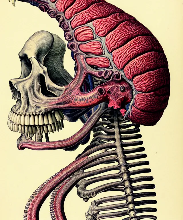 Prompt: hyper-detailed color pencil antique medical illustration of Kaiju head cross-section, nautilus brain, ribcage, xhenomorph, with tentacles coming out of open mouth and exposed jaw bone, spinal column, cerebral corpus callosum, cerebellar peduncle, interventricular foramen, symmetrical