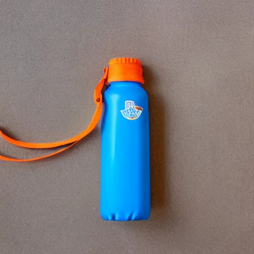 Prompt: An orange plastic water bottle with CU ATLETA written white on it.
