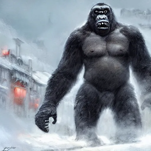 Image similar to angry and aggressive king kong in winter moscow, digital painting, very detailed, art by jakub rozalski and artgerm