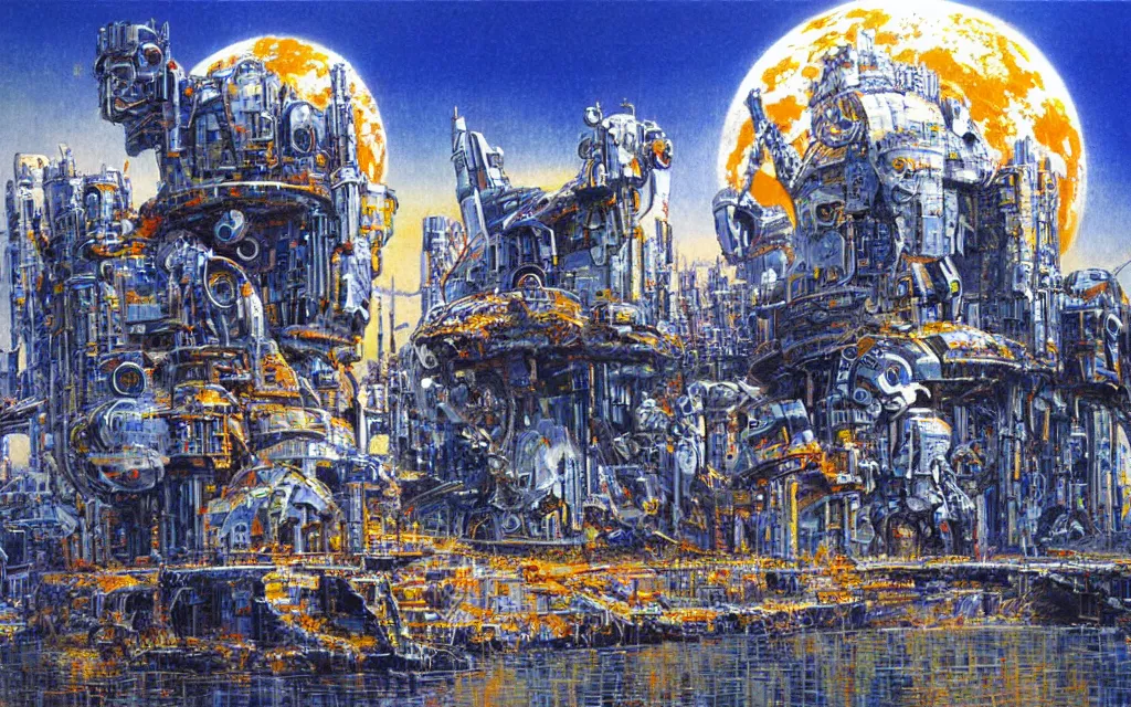 Image similar to futurist cyborg castle, perfect future, award winning art by alan bean, sharp color palette