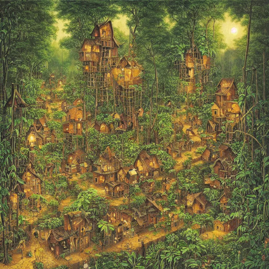 Prompt: a painting in the style of Jacek Yerka , a village on stilts is walking through the jungle at night