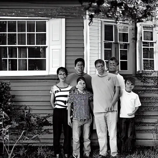 Image similar to family photograph in front of an old house, a ghostly face is visible in one of the windows